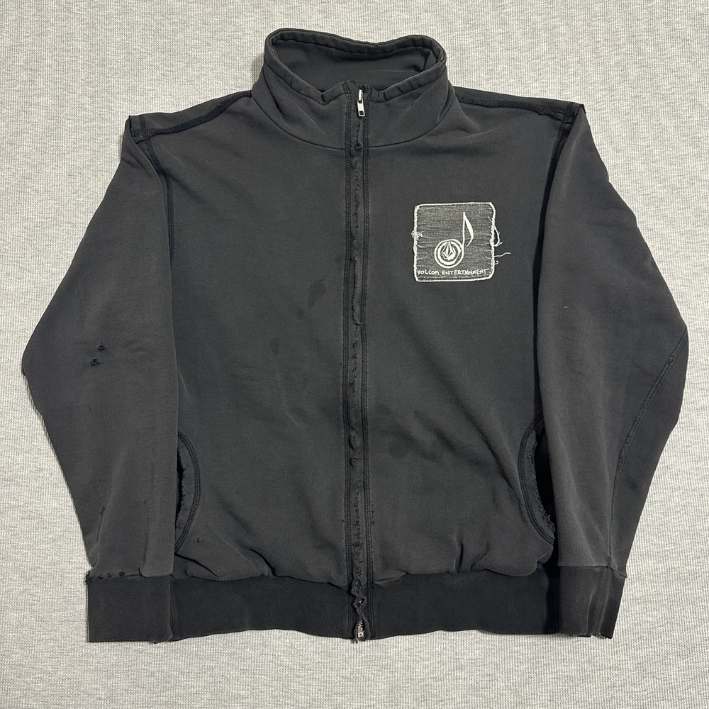 Y2K Volcom Entertainment Music Note Full Zip Track Jacket Distressed Black Large